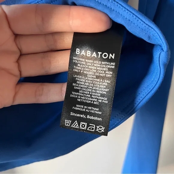 Aritzia Babaton Contour Deep V Long Sleeve Top Blue SM Sculpt Plunge Stretchy - Picture 6 of 9